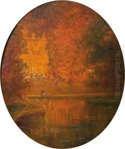 "scene De Fete Dans Un Parc" 
Huile Sur Carton Formant Ovale, Signee En Bas A Gauche. 55 X 45 Cm