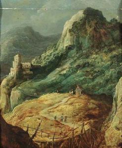 A mountainous landscape with travellers by a hut and a shepherd in a pasture