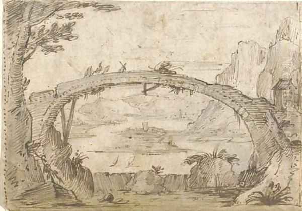 Travellers on a narrow bridge, a river landscape seen beyond - view 1