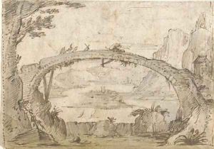 Travellers on a narrow bridge, a river landscape seen beyond by Joos De Momper