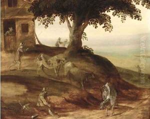 A landscape with a drover and his cattle, a barn and figures beyond A landscape with a drover and his cattle, a barn and figures beyond