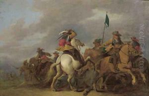 A cavalry skirmish in a landscape by Pieter Meulener