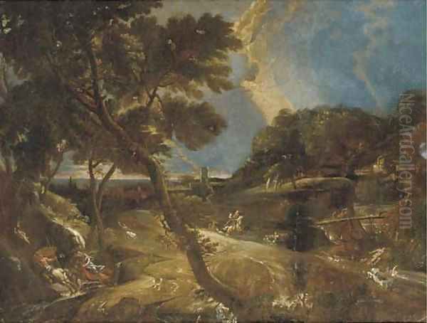 An extensive landscape with a stag hunt - view 1