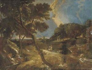 An extensive landscape with a stag hunt by Pieter Meulener