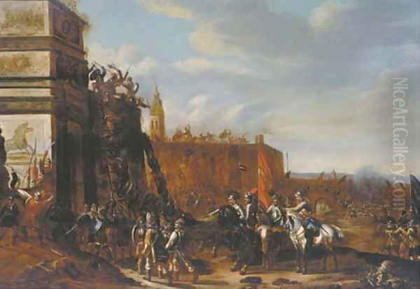 Soldiers holding siege at the gates of a fortified town, a battlefield beyond - view 1