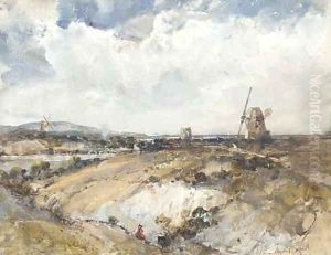 A line of windmills on the coast by Alex Fuller Maitland