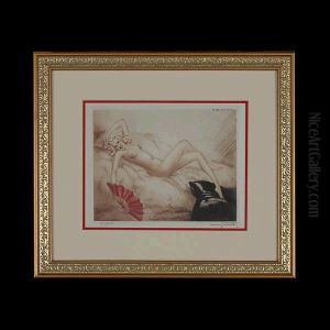 La Siesta, Red Fan. by Louis Icart