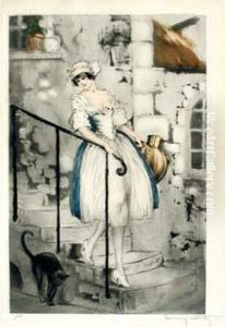 La Laitiere Au Chat (1928) by Louis Icart