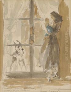 Woman And Child, With A Great Dane At The Window by Louis Icart