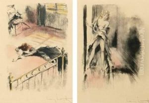 Partially Robed Woman In Hall And Woman Crying On Bed: Two Works