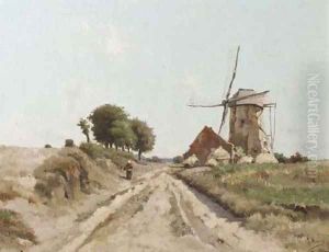 A peasant woman passing a windmill on a sunny day by Isidore Meyers