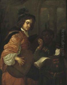 A man playing the lute with a servant holding a music sheet by Carel de Moor