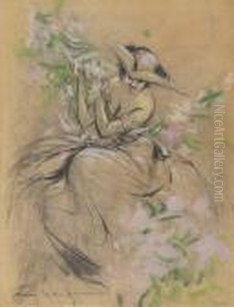 Woman With Hat Among Flowers>. - view 1