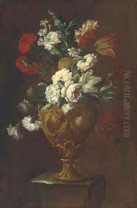 Parrot tulips, roses, carnations and other flowers in a sculpted vase on a pedestal by Elisabetta Marchioni