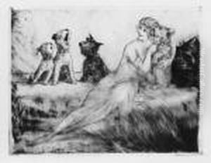 Girl With Four Dogs by Louis Icart