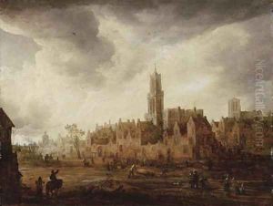 A view of Antwerp with townsfolk in the foreground