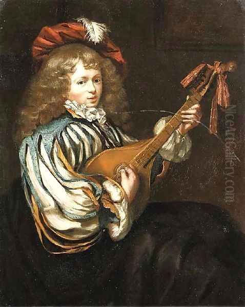 A young boy in a feathered red cap playing the mandolin - view 1