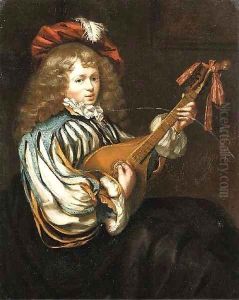 A young boy in a feathered red cap playing the mandolin