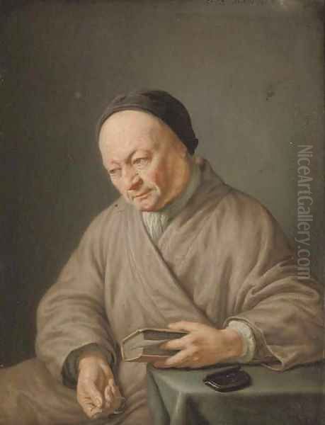 An elderly man, three-quarter-length, seated in a beige robe with a black cap, holding a book in his left hand and glasses in his right - view 1