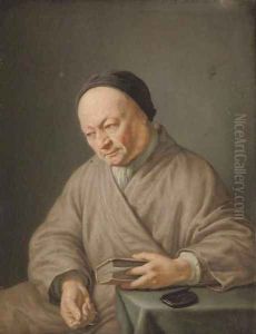 An elderly man, three-quarter-length, seated in a beige robe with a black cap, holding a book in his left hand and glasses in his right by Frans van Mieris