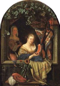 A woman at a feigned stone window holding a salmon-steak