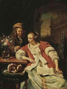 A man offering a glass of wine to an elegant young lady studying music in an interior