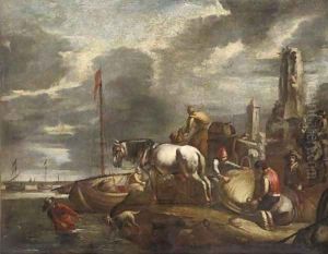 Stevedores at a harbour by Giovanni De Momper
