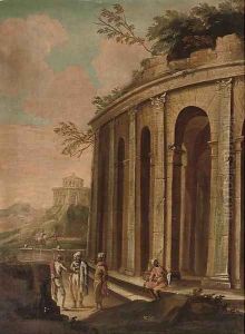 A landscape with Orientals by a classical ruin, travellers beyond by Giovanni De Momper