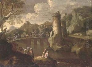 A mountainous landsape with a caravan crossing a turretted bridge, anglers in the foreground