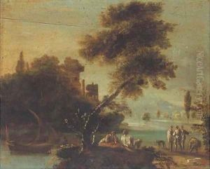 A wooded river landscape with figures resting by a river bank, classical ruins beyond by Giovanni De Momper