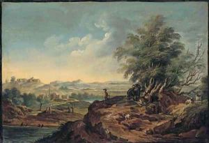 An extensive landscape with a herdsman and livestock in the foreground, a village seen beyond by Martin von Molitor