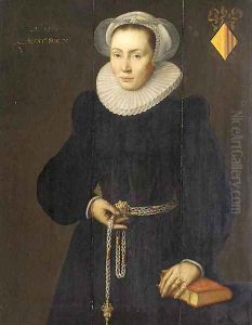 Portrait of a lady, aged 30, three-quarter-length, in a black dress with a white ruff, a pomander in her right hand, her left arm resting on a book by Michiel Jansz. van Mierevelt