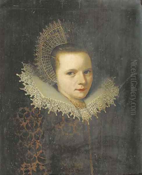 Portrait of a lady, bust length, in a brown velvet dress with a floral pattern and a white lace collar, a gold necklace, and a white lace cap fastened - view 1