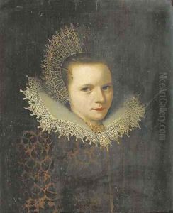Portrait of a lady, bust length, in a brown velvet dress with a floral pattern and a white lace collar, a gold necklace, and a white lace cap fastened by Michiel Jansz. van Mierevelt