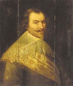 Portrait of a gentleman, half-length, in a striped doublet, a gold embroidered sash and a lace collar Portrait of a gentleman, half-length, in a striped doublet, a gold embroidered sash and a lace collar