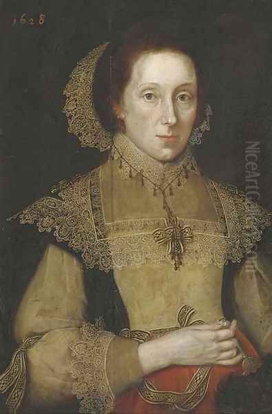 Portrait of a lady, three-quarter-length, in a black, white and red dress, with white lace collar, cuffs and headdress, a fan in her right hand - view 1