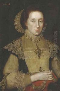 Portrait of a lady, three-quarter-length, in a black, white and red dress, with white lace collar, cuffs and headdress, a fan in her right hand by Michiel Jansz. van Mierevelt