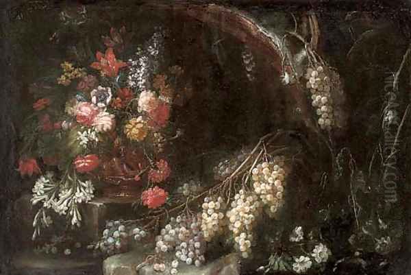 Roses, carnations, narcissi and other flowers in a gilt urn with grapes in a wooded clearing - view 1