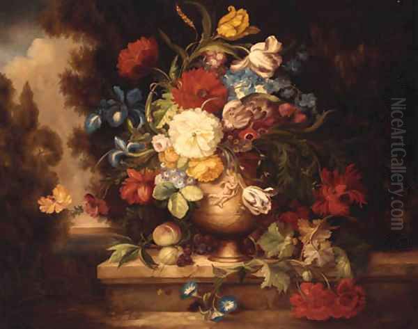 A Vase Of Mixed Flowers On A Ledge - view 1
