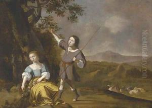 A pastoral landscape with a girl and boy in the foreground, cattle beyond by Jan Mijtens