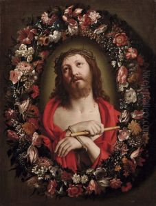 Busto Di Cristo Come Ecce Homo Entro Ghirlanda Di Fiori Olio Su Tela
