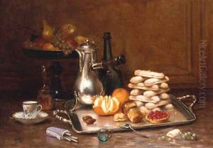 A coffee-pot, a peeled orange, a stack of meringues and a fruit tart on a silver tray A coffee-pot, a peeled orange, a stack of meringues and a fruit tart on a silver tray