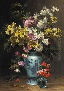 Floral arrangement in an oriental vase by Desire Alfred Magne