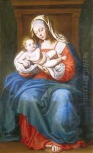 Madonna In Trono Col Bambino. 
Importante, Bellissimo Dipinto Ad Olio Su Tela. Per Un Confronto Si Veda
 La "madonna Orante" Dipinta Dal Salvi Per La Chiesa Di S. Chiara Ad 
Ancona. Cornice. Cm. 140x84