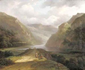 A mountain landscape with countrymen taking a break