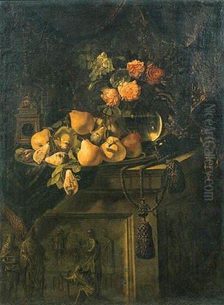 Fruit On A Plate, Flowers In A Glass Vase And A Clock On A Drapedpedestal - view 1