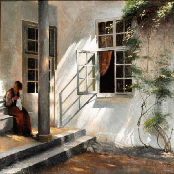 Woman Sewing Outside Liselund - view 1
