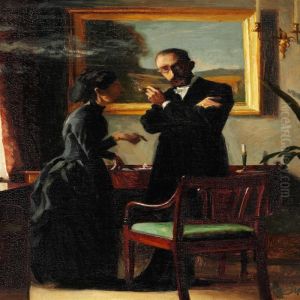 Interior With A Couple, The Man Is Smoking A Cigar While Listening To His Wife