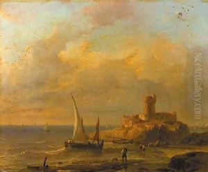 A coastal scene with fishermen, a fortress on a rocky outcrop in the background