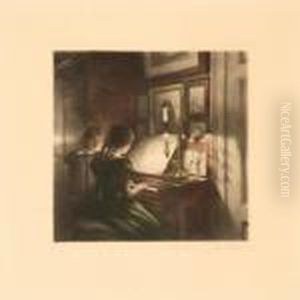 Interior With Two Girls Playing Piano by Peder Vilhelm Ilsted